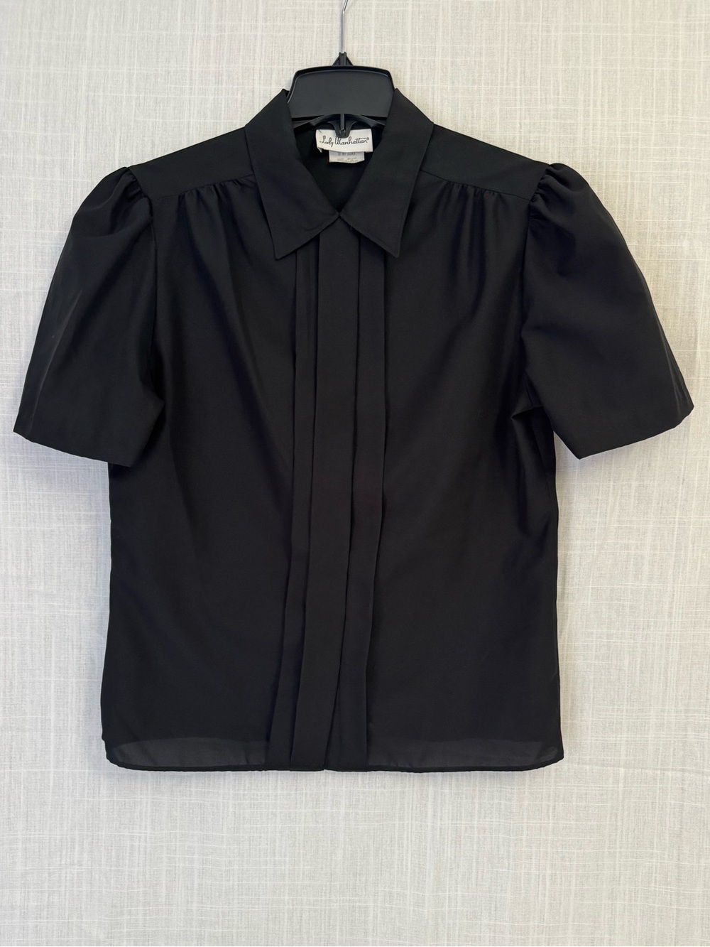 Vintage 80s Black Puff Sleeve Pleated Button-Front Blouse